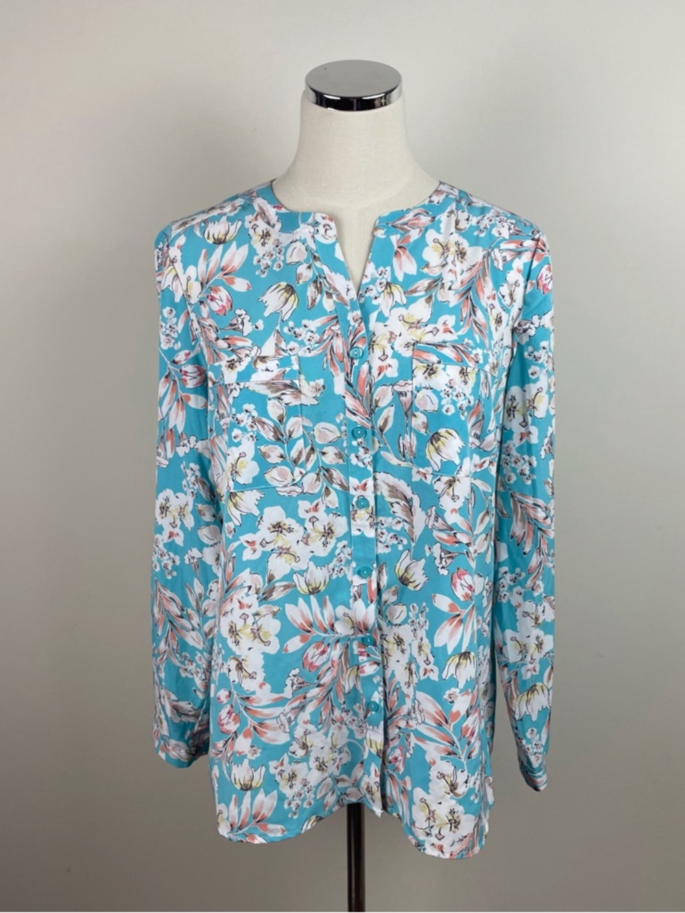 NY Collection Blue White Floral Blouse Top Women Medium